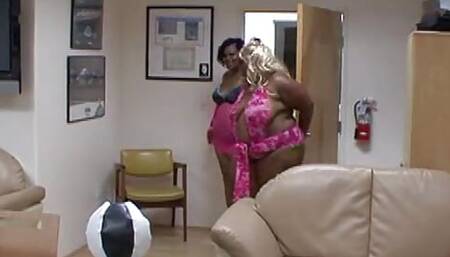 Big black girl strokes long dong with her friend