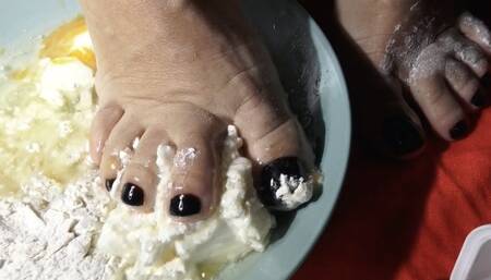 thick bbw feet preparing cake with feet smashing all mix soles full of food mass smashing the mass for cook some muffins
