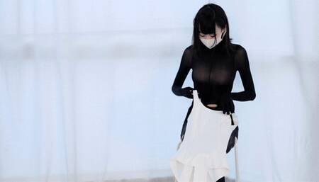 Asian nylon stocking cute girl show her latex gloves and stock