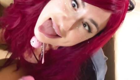 MY Cosplay Sexy Hot Blowjob with Funny Faces of a Teen Redhead Girl from a box, Fuck in mouth