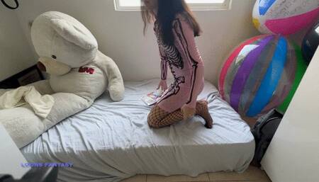 Owllete squeezes and pops beach ball