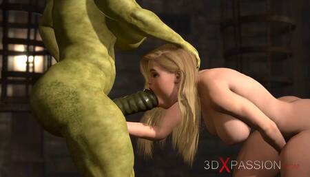 Futa orc with a huge dick fucks hard a sexy blonde slut in the castle