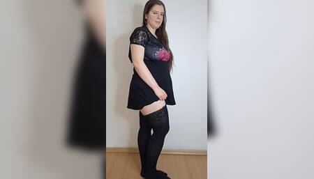 Black Stockings and Short Skirt Try on