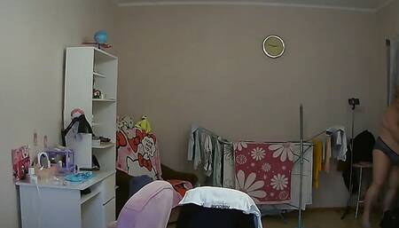 mother-in-law cleans the room naked