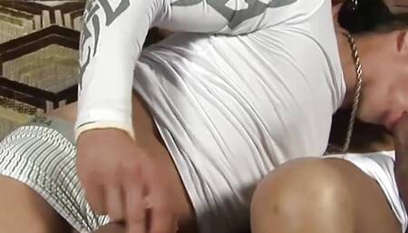 Brunette tranny fucks her boyfriend till cumshot all over