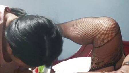 Threesome grandma teaches innocent stepsister how to suck cock