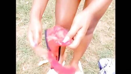 Peeing Jeans in Public Courtyard