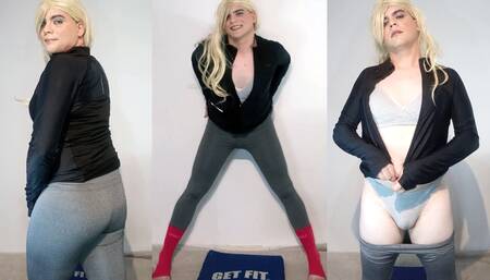 Blonde crossdresser in gym class touching herself in leggins