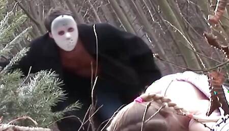 Blonde Babe Gets Slammed by Two Masked Guys After a Chase Through the Woods