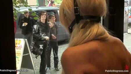 European blond bound in shop window