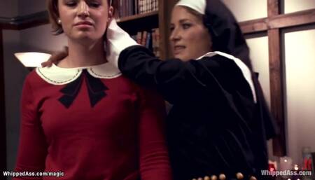 MILF nun spanks and fucks coeds
