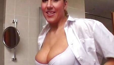 Curvy and horny German blonde dildoing her muff in the bathroom