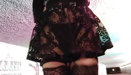 public night walk , transparent dress outdoor.