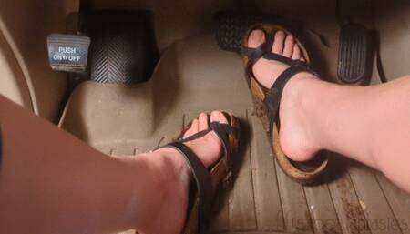 Fifi pedal pumping her SUV in muddy Birkenstocks