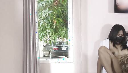 Asian couple outdoor public fuck while open door & windows to show motel guest & maid