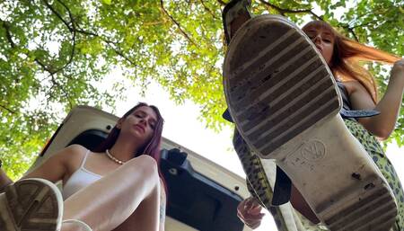 Two Mistresses POV Foot Domination and Spitting Double Femdom Outdoor