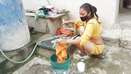 The Indian step-sister was washing clothes when she got wet pussy seeing step-brother's fat dick.