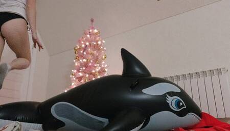 Alla has a hot ride on a rare inflatable whale and automatically inflates her life jacket while enjoying!!!