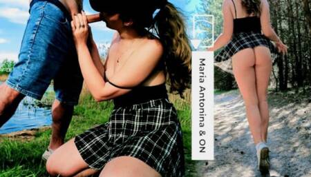 Teen outdoors sucks her friend's cock by the lake and fucks hard in the forest - surprise guests