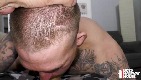 Straight Tattooed Jock Takes Daddy's Dick Bareback Creampie POV
