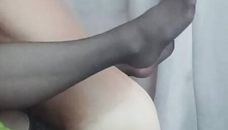 femboy with gorgeous legs in black stockings moaning on the sofa in missionary