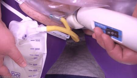 catheter, leg bag, PVC panties, and purple stockings