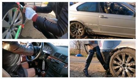 HOT: Crazy drift and late autumn spinning wheels in chains on tires