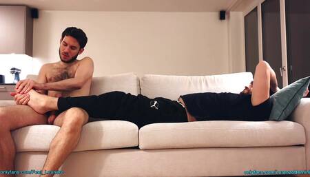 Massaging my friend's beautiful feet and jerking off together