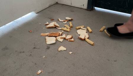 Stepping on food in suede wedges