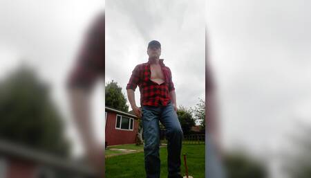 chav slut fucks his own arse through Levis outdoors