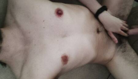 FTM with mouth taped shut gets his pussy pounded by a pulsator