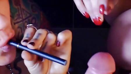Home movie with big titty beauties vaping and sucking dick!
