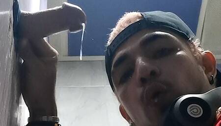 A Huge Straight Cock Appears in a Gloryhole in the Shopping Center Bathroom