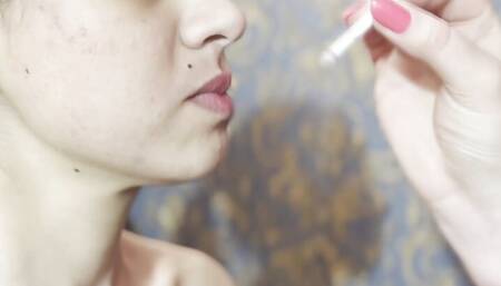 Burning the submissive girl chest and nipples - Extinguishing cigarette on her vulnerable skin