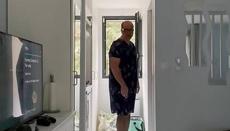 In a blue floral dress and fishnet tights and Rieker Herbst square heel ankle boots with a nice cumshot
