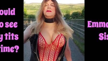Sissy outdoors on motorway bridge