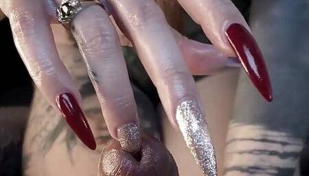 MILF Penetrates Pierced Cock with Her Long Nails. Handjob BDSM Femdom