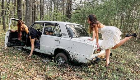 CAR STUCK Ellie and Anastasia are stuck in the forest in wet ground