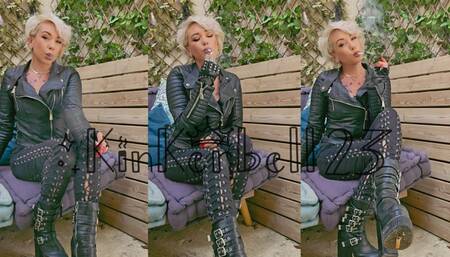 Crushing two Malrboro Reds wearing all Leather outdoors - Kinkerbell23