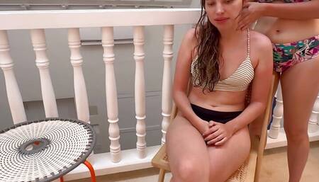 Wife fucks a stranger lesbian on the balcony of the hotel afraid of being found.