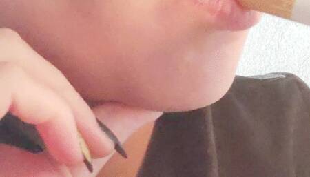 Morning cigarette with big close focus on mouth