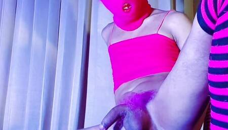 pink balaclava mask sissy trans dyed pubic hair play with a vibrator