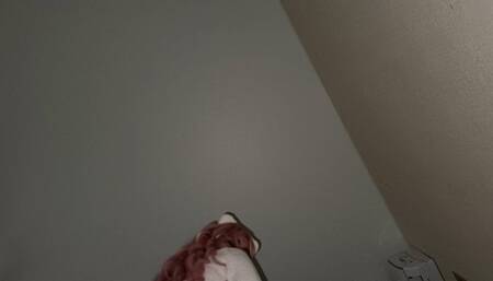 Cat cosplay, dildo play, view under transparent chair