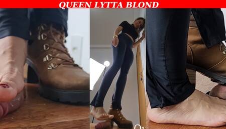 Queen Lytta Blond - CBT EP 7 - Sexy Shoejob Footjob and step on his cock until he bust on her feet - 2 angles - CBT - COCK TRAMPLING - FOOT DOMINATION - FOOT HUMILIATION - BALLBUSTING - COCK SQUEEZE - FOOT FETISH - SOLES - COCK STOMP - FEMDOM - (720p)