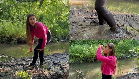 Nastya getting stuck in deep mud in shiny boots
