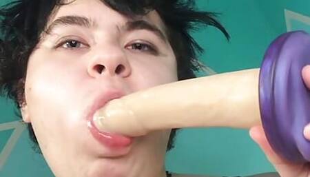 Ftm Boy Keith sucks several dildos deep and messily. Impressive throating skillz