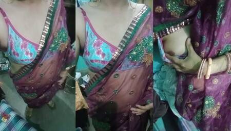 Indian Gay Crossdresser Gaurisissy showing her full body and pressing and playing with her big boobs in pink saree