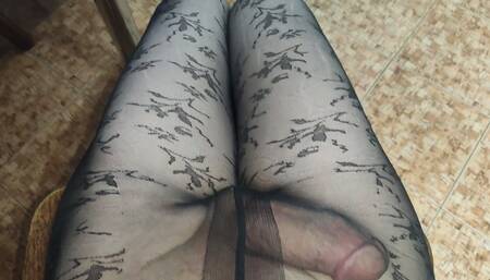 Rubbing My Huge Dick in Stepsister's Beautiful Black Pantyhose with a Pattern