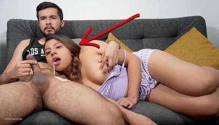 Why is my Step-Bro showering my mouth with his load? Perilous oral creampie on the sofa.