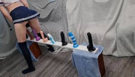 Skinny Babe Riding all Her Dildos from Small to Big till Big Orgasm